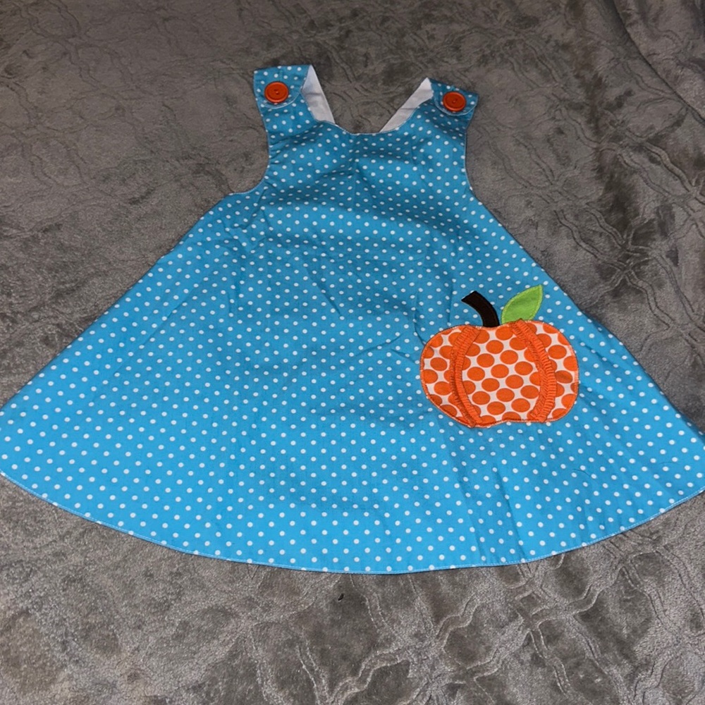 Kelly’s Kids Light Blue Polka Dot Pumpkin Appliqué Wrap Dress size 2